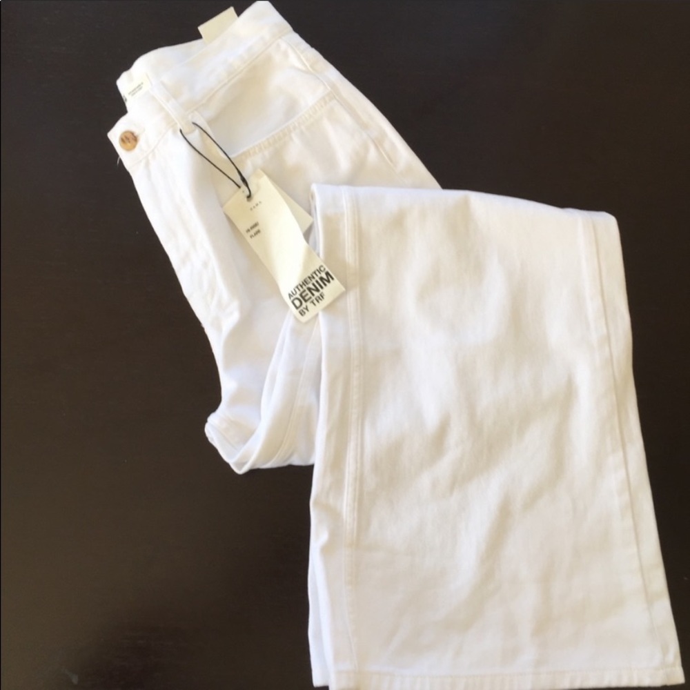 Zara authentic white denim flare high rise jeans